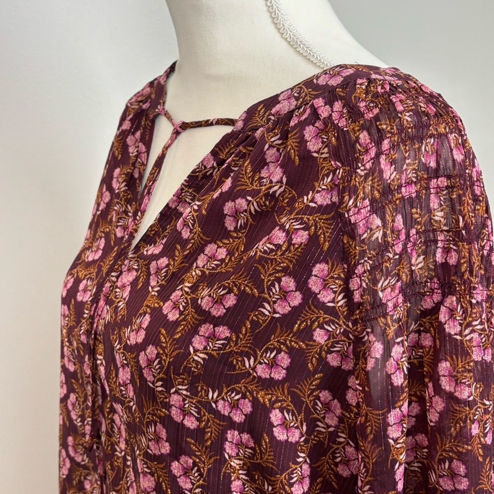 Loft Top Medium Burgundy Floral Lined V-Neck Tie Front Long Sleeve Blouse - Picture 6 of 11